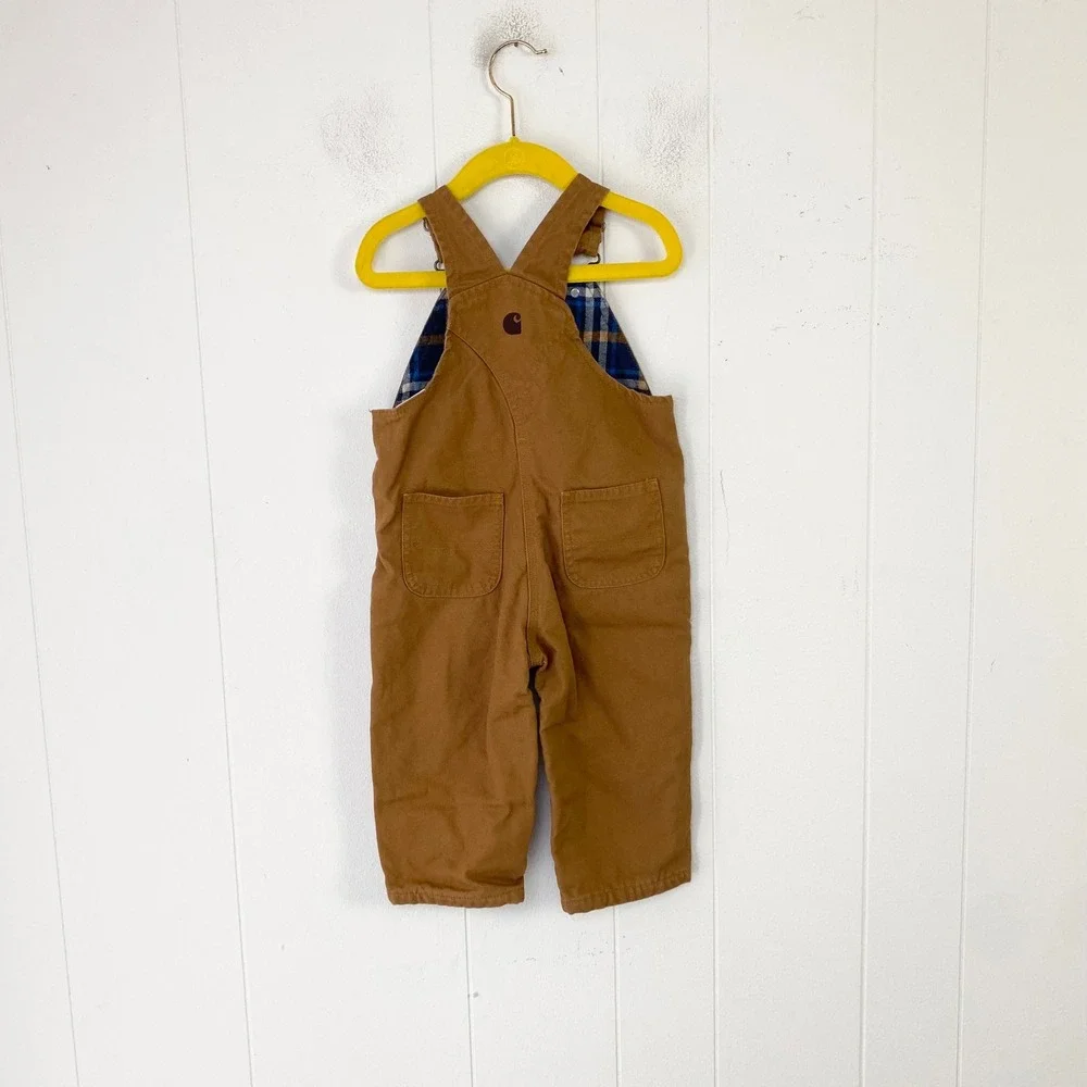 Carhartt Kids Flannel Lined Canvas Bib Overalls Brown Plaid Sz 18M